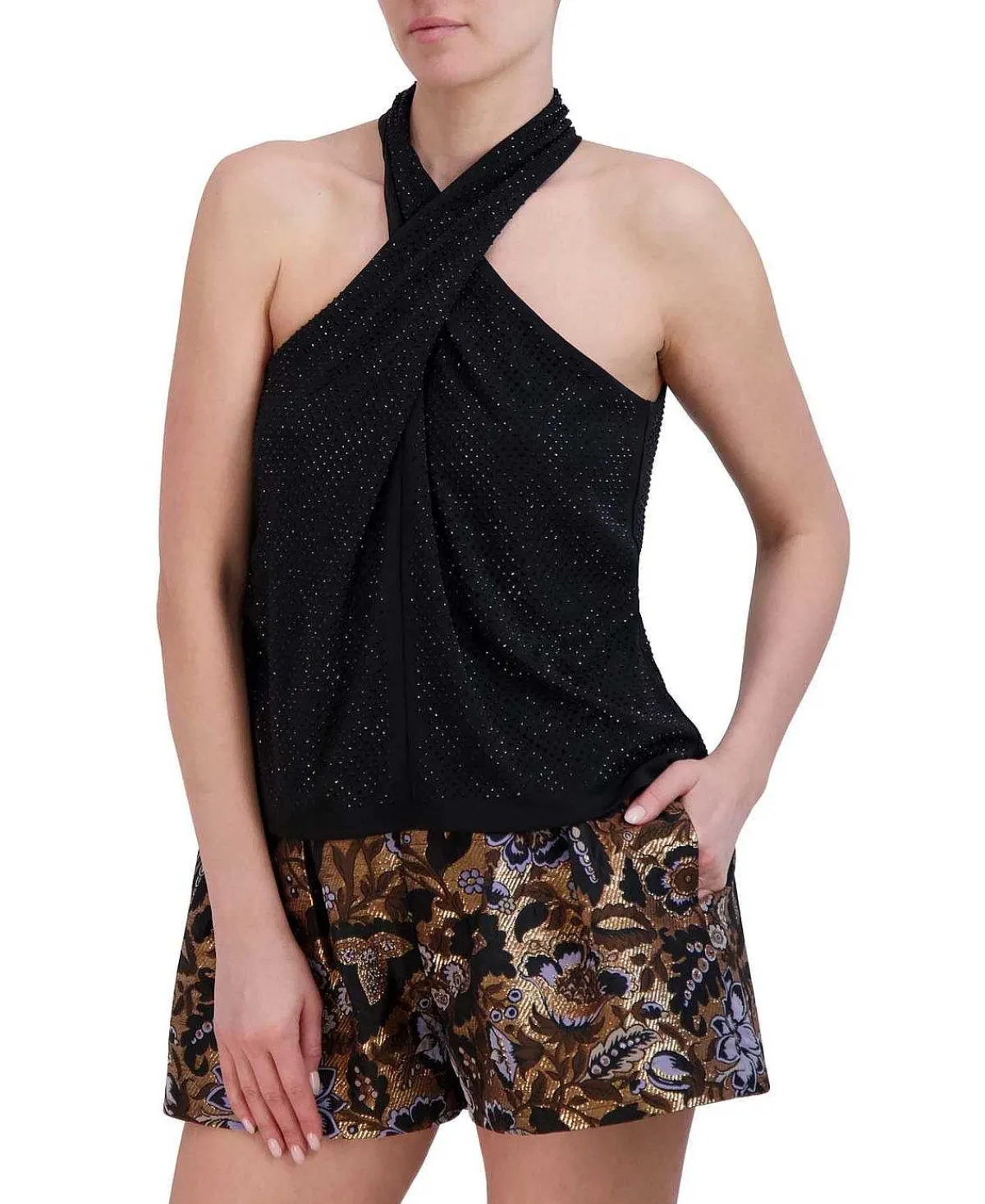 Cheap Crossed Halter Blouse With Pedreria Women Tops