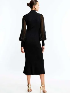 Clearance Cuello High Black Sleeve Midi Dress Women Casual
