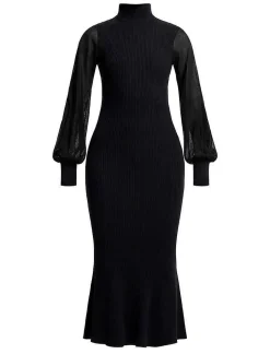 Clearance Cuello High Black Sleeve Midi Dress Women Casual