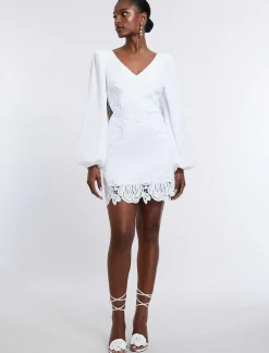Sale Cutout Large Sleeve Short Dress With Encaje Women Cocktail