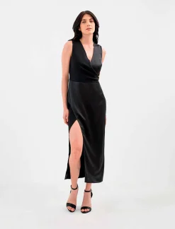 Outlet Drapeed Midi Dress With Opening Women Cocktail