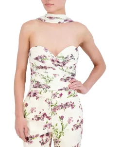 Cheap Floral Drape Crop Top Bustier Women Tops