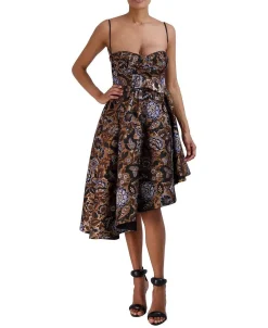 Discount High And Low Asymmetric Metallic Floral Jacquard Dress Women Cocktail