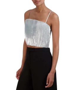 Cheap Metallic Pleated Crop Top Women Tops