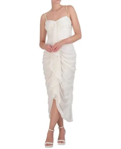 Outlet Satin Draped Midi Dress With Tires Women Cocktail