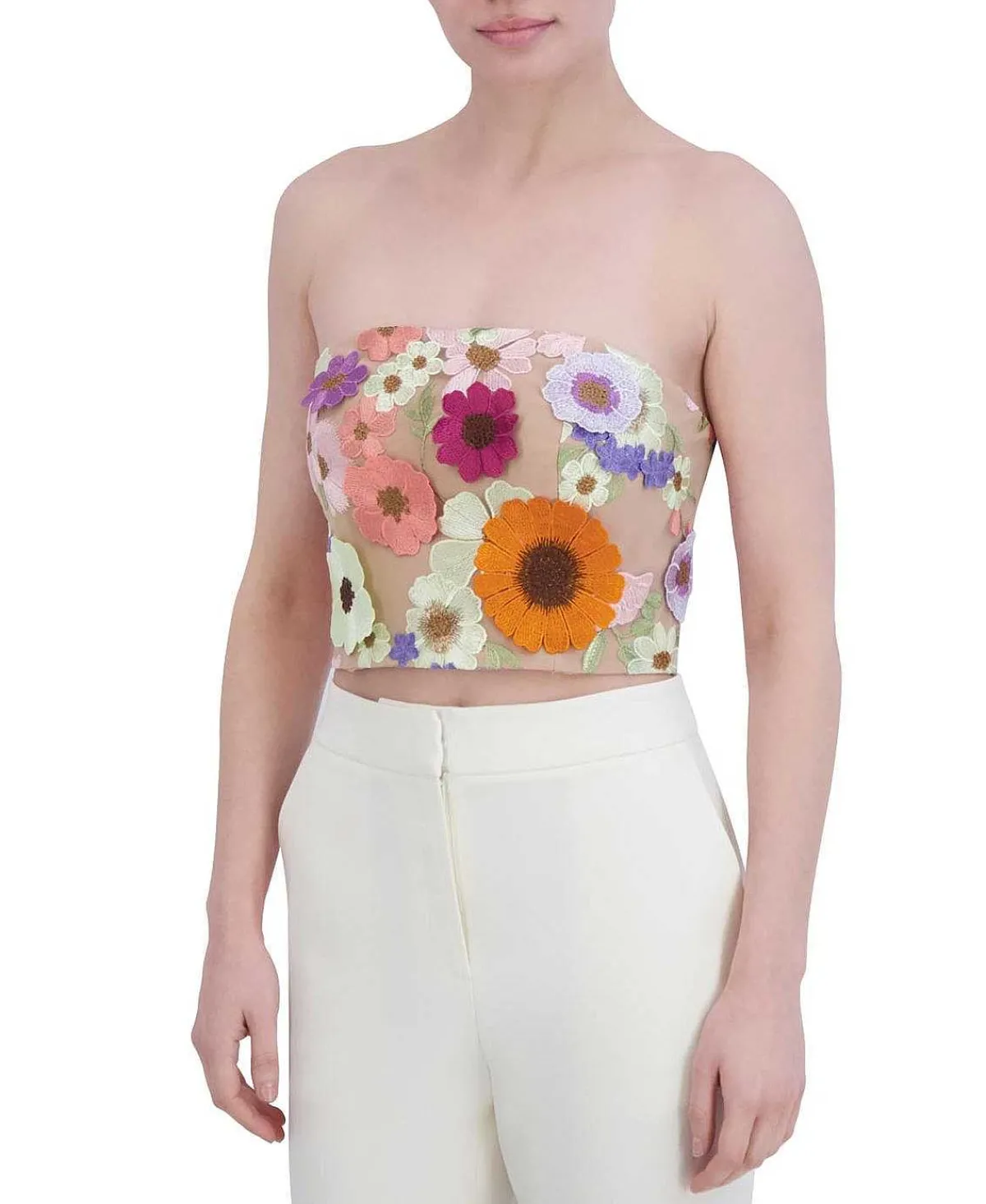 New Tul Crop Top With Floral Embroidered Appliances Women Tops